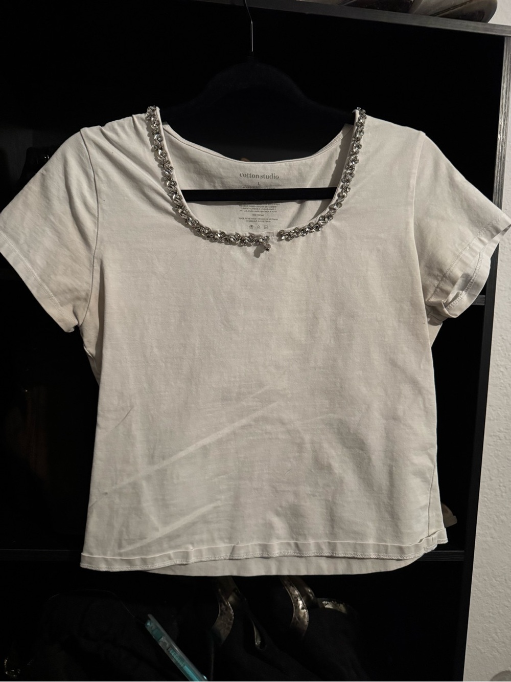 Cotton Studio White Short-Sleeve Tee with Crystal-Trim Scoop Neck